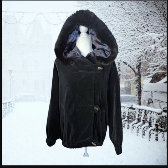 Vtg Braefair Black Velvet Real Fox Fur Trimmed Hooded Bomber Jacket Sz L - Picture 1 of 10